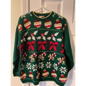 Cricket Lane Ugly Christmas Sweater Bows Candy Cane L Made in USA Vintage Holida
